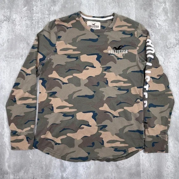 Hollister Camo Long Sleeve Shirt Mens Medium Green Logo Pullover Casual - Picture 1 of 7